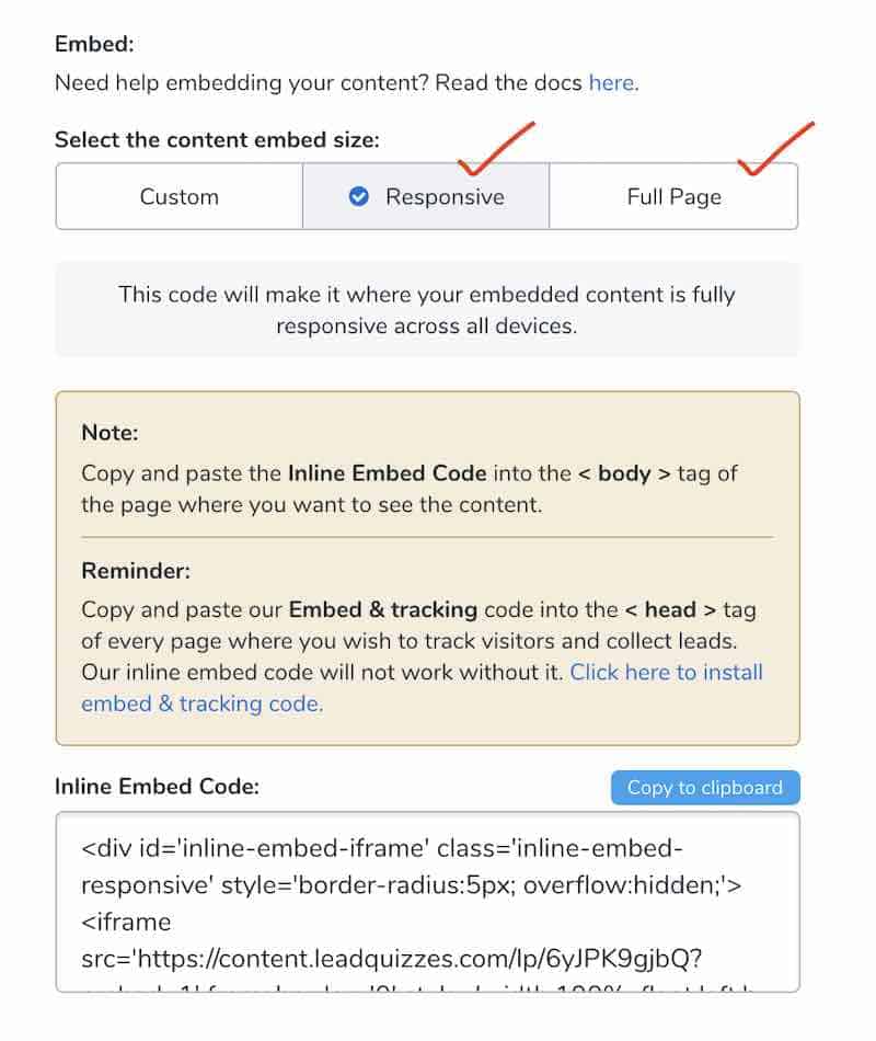 Leadquizzes - embed quiz options