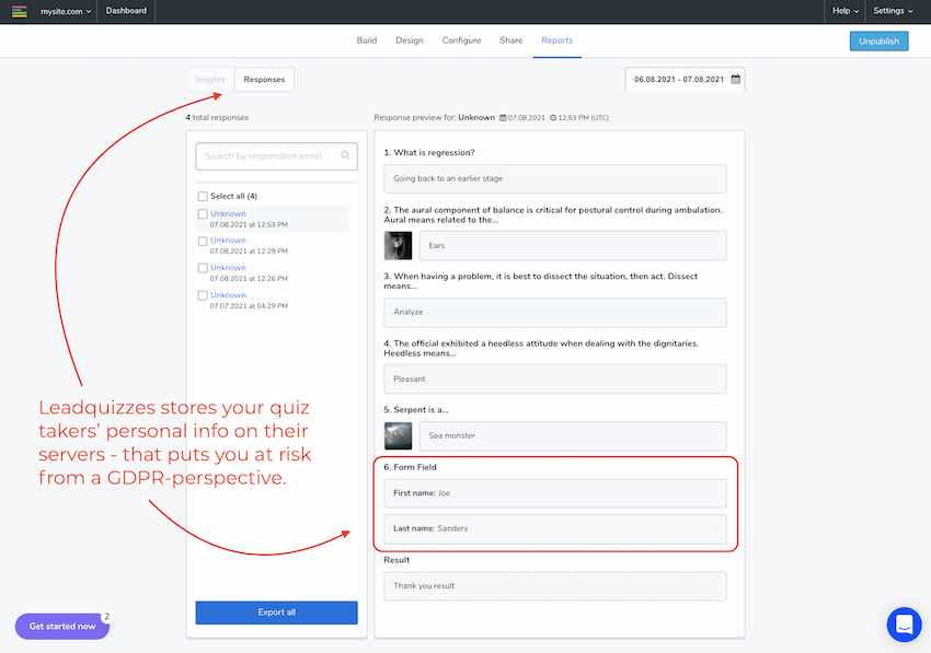 Leadquizzes gdpr - storing personal data on their servers