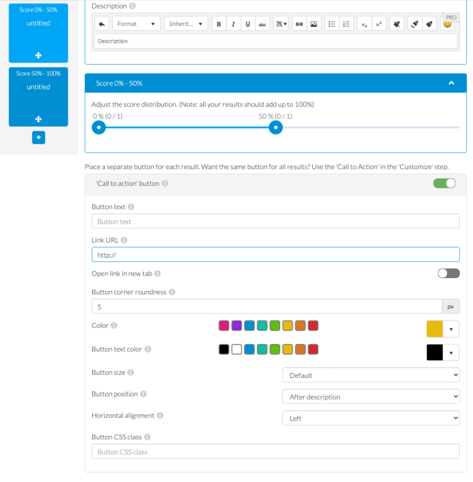 Riddle quiz maker result page builder with an easy way to add call-to-action buttons and links to results.