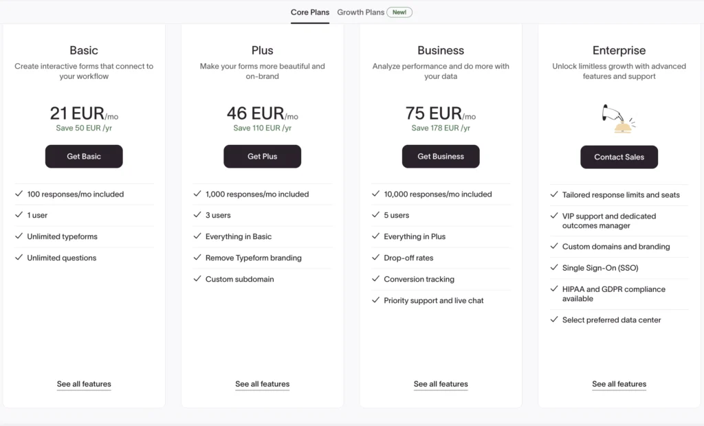 Typeform pricing overview as of July 2025. Least expensive plan is starting at 21 EUR per month.