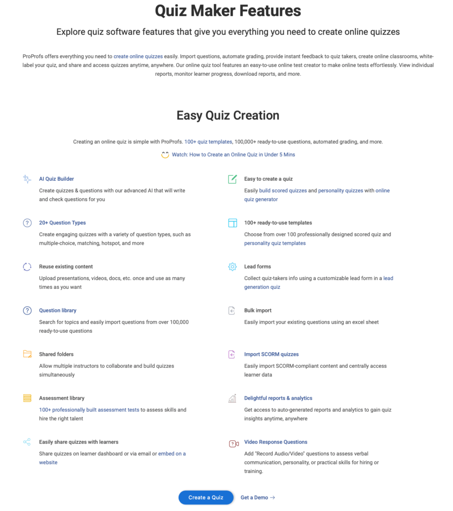 Proprofs quiz maker features