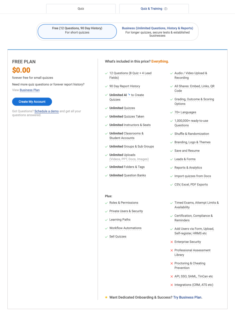 Proprofs quiz free plan