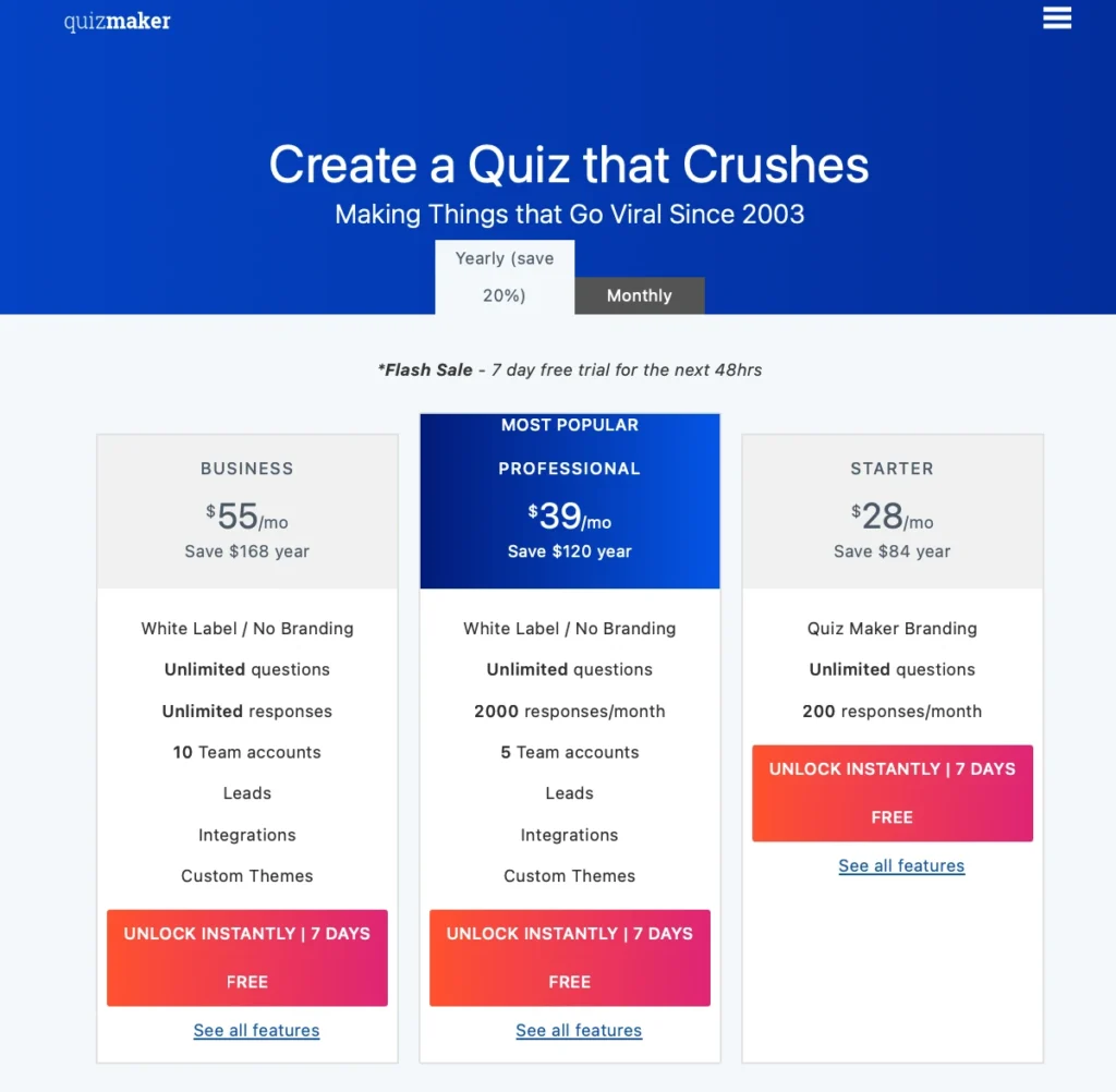 Quizmaker.com yearly price plans