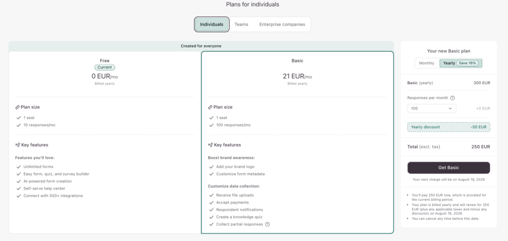 Typeform individual plan pricing