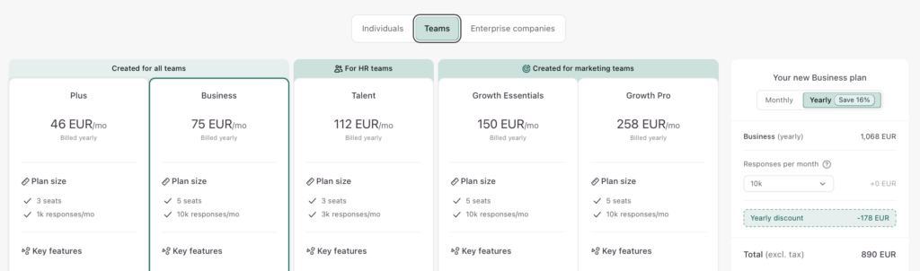 Typeform team plan pricing