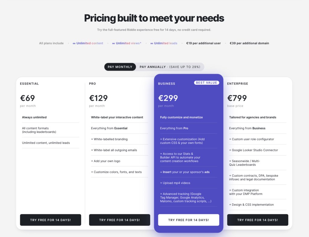 Riddle monthly pricing
