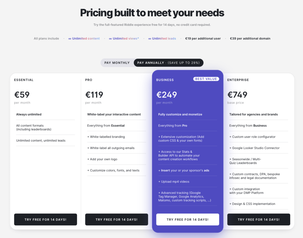 Riddle yearly pricing